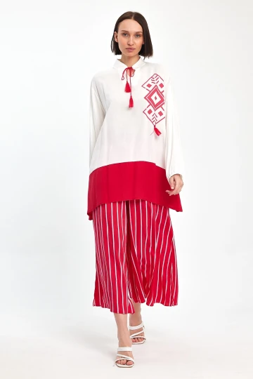 Maxi Boy Kırmızı Renk Bloklu Çizgili Pantolon Ve Uzun Tunik Alt Üst Takım BCVL-241021