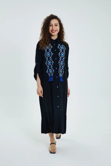 Maxi Boy Lacivert Nakış Ve Püskül Detaylı Uzun Boy Gömlek Elbise BCVL-24946