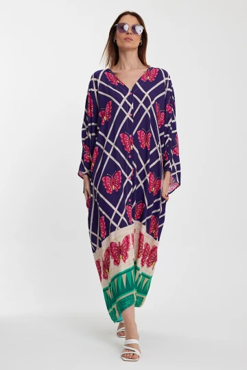 Maxi Boy Lacivert V Yaka Çiçek Desenli Uzun Boy Dokuma Gömlek Elbise BCVL-241032