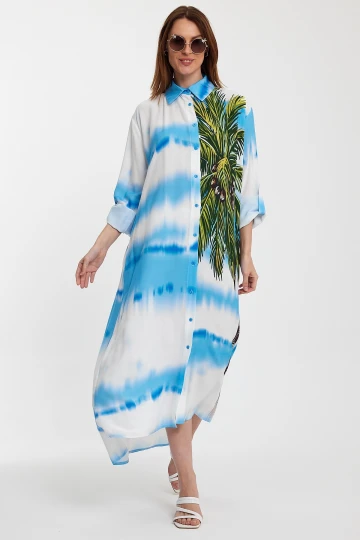 Maxi Boy Mavi Çiçek Desenli Degrade Uzun Boy Dokuma Gömlek Elbise BCVL-24987