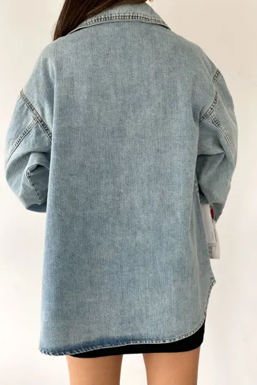 Mavi Çift Cepli Yıkamalı Denim Gömlek Ceket