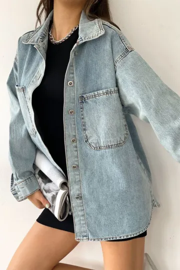 Mavi Çift Cepli Yıkamalı Denim Gömlek Ceket