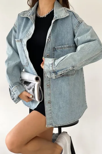 Mavi Çift Cepli Yıkamalı Denim Gömlek Ceket