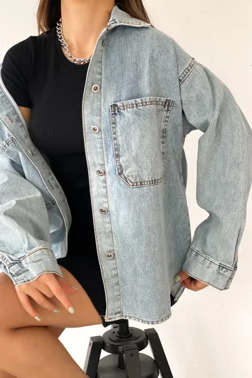 Mavi Çift Cepli Yıkamalı Denim Gömlek Ceket