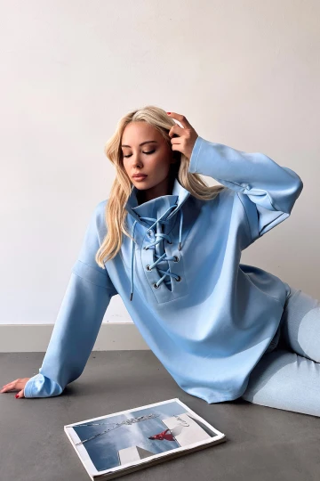 Mavi Dik Yaka Kuş Gözü Bağcıklı Scuba Sweatshirt BCPK-236000