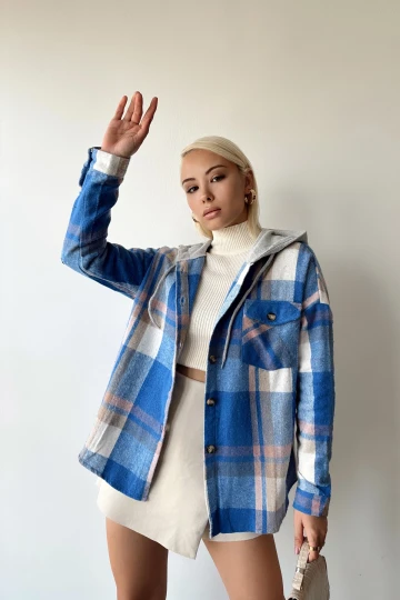Mavi Kapüşonlu Ekose Desenli Oversize Kaşe Gömlek BCPK-236004