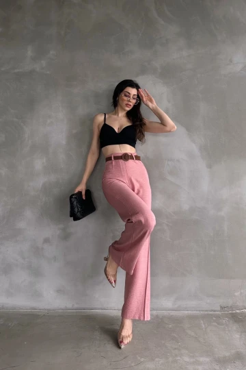 Pudra Beli Kemerli Keten Pantolon BCDF-241103