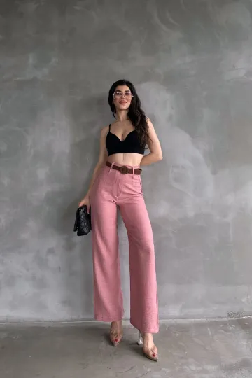 Pudra Beli Kemerli Keten Pantolon