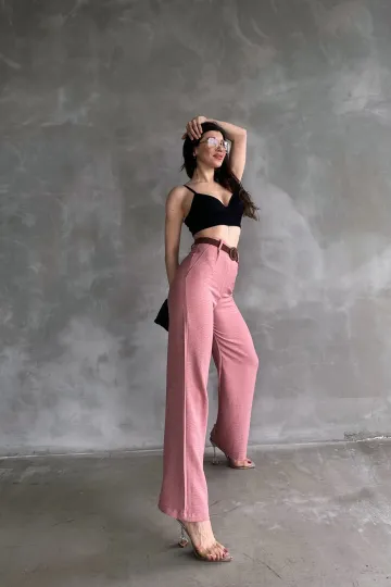 Pudra Beli Kemerli Keten Pantolon