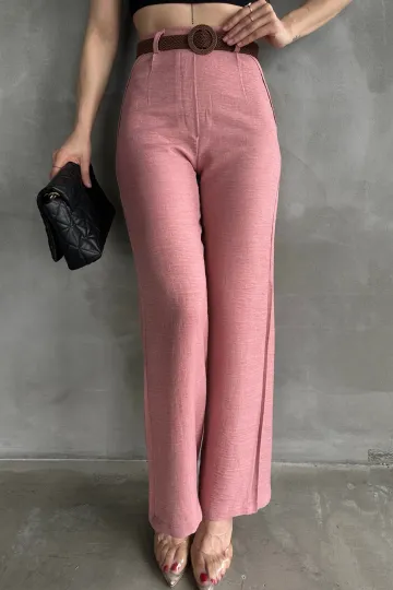 Pudra Beli Kemerli Keten Pantolon