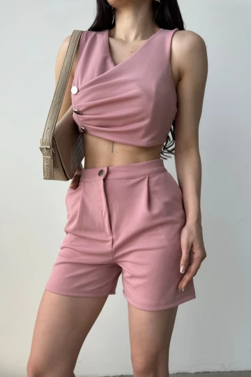 Pudra Kruvaze Yaka Düğme Detaylı Crop Yelek Ve Şort İkili Takım