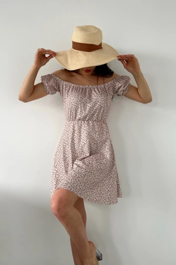 Pudra Madonna Yaka Çiçek Desenli Krinkıl Elbise BCDF-234603