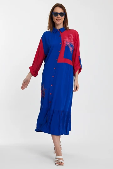 Maxi Boy Saks Renk Bloklu Nakış İşlemeli Uzun Boy Dokuma Gömlek Elbise BCVL-241000