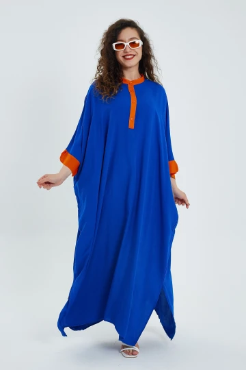 Maxi Boy Saks Renk Bloklu Uzun Boy Salaş Dokuma Elbise BCVL-24949