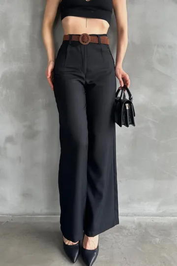 Siyah Beli Kemerli Keten Pantolon