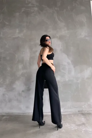 Siyah Beli Kemerli Keten Pantolon