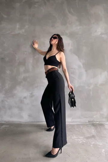 Siyah Beli Kemerli Keten Pantolon