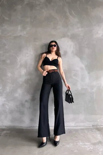 Siyah Beli Kemerli Keten Pantolon