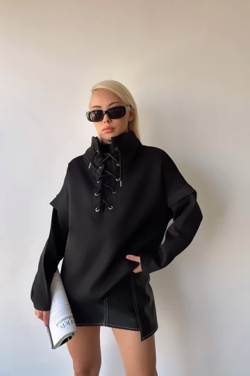 Siyah Dik Yaka Kuş Gözü Bağcıklı Scuba Sweatshirt BCPK-236000