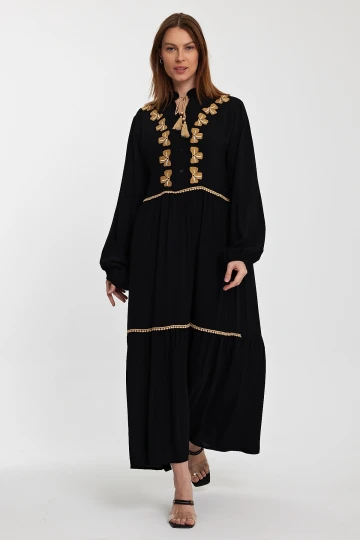 Maxi Boy Siyah Nakış İşlemeli Uzun Boy Dokuma Elbise BCVL-241005