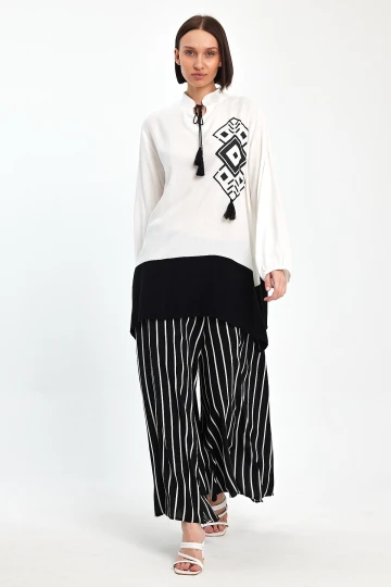 Maxi Boy Siyah Renk Bloklu Çizgili Pantolon Ve Uzun Tunik Alt Üst Takım BCVL-241021