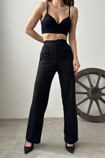 Siyah Yüksek Bel Pileli Palazzo Pantolon BCDF-24CH1109