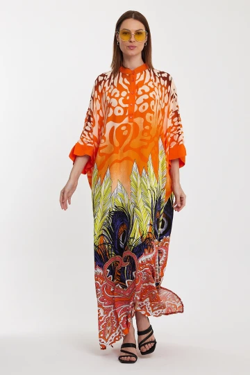 Maxi Boy Turuncu Hakim Yaka Düğme Detaylı Desenli Uzun Boy Dokuma Elbise BCVL-241037