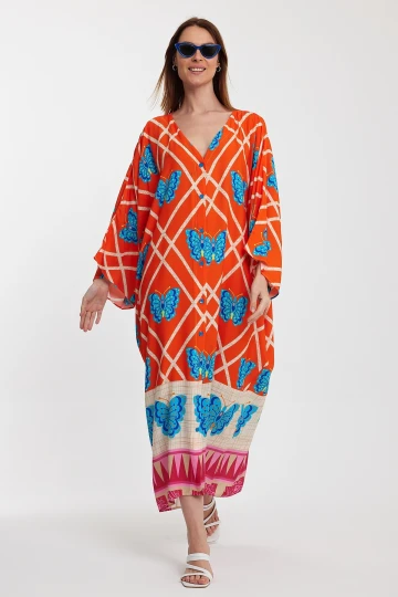 Maxi Boy Turuncu V Yaka Çiçek Desenli Uzun Boy Dokuma Gömlek Elbise BCVL-241032