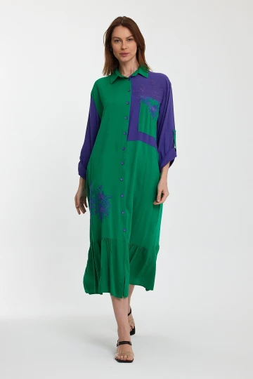 Maxi Boy Yeşil Renk Bloklu Nakış İşlemeli Uzun Boy Dokuma Gömlek Elbise BCVL-241000