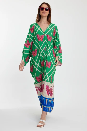 Maxi Boy Yeşil V Yaka Çiçek Desenli Uzun Boy Dokuma Gömlek Elbise BCVL-241032
