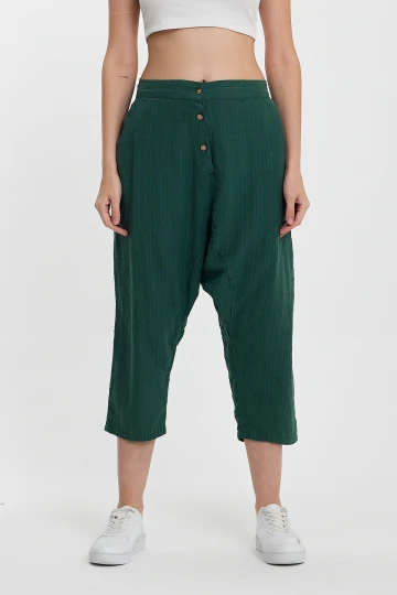 Maxi Boy Zümrüt Yeşili Çift Cepli Düğme Detaylı Düşük Ağ Şalvar Pantolon BCVL-245326