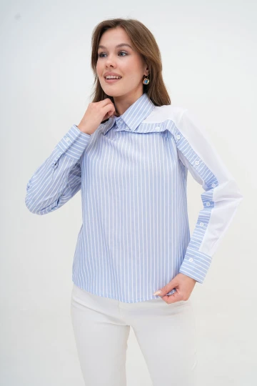 Bebe Mavi Özel Tasarım Çizgili Poplin Dokuma Gömlek BC24YG1069