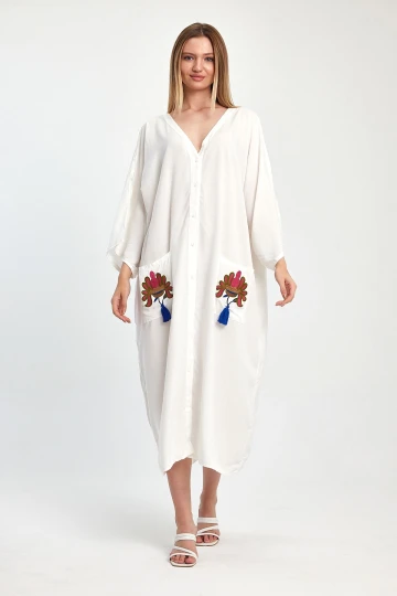 Maxi Boy Beyaz Nakış İşlemeli Dokuma Viscon Elbise BCVL-252829