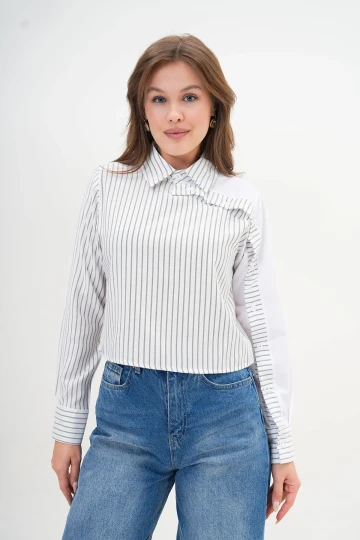 Beyaz Özel Tasarım Çizgili Crop Poplin Dokuma Gömlek BC24YG1069CC