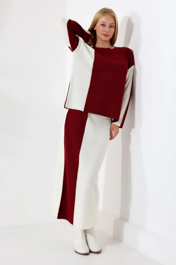 Bordo Bisiklet Yaka Renk Bloklu Kazak Ve Etekli 2Li Alt Üst Triko Takım BCES-241000