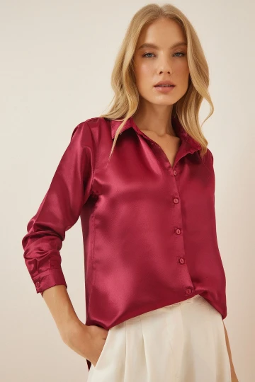 Bordo Hafif Dökümlü Saten Yüzeyli Dokuma Gömlek BC231050