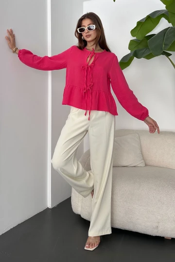 Fuşya Bağcık Detaylı Etek Ucu Volanlı Keten Bluz BCDF-242106