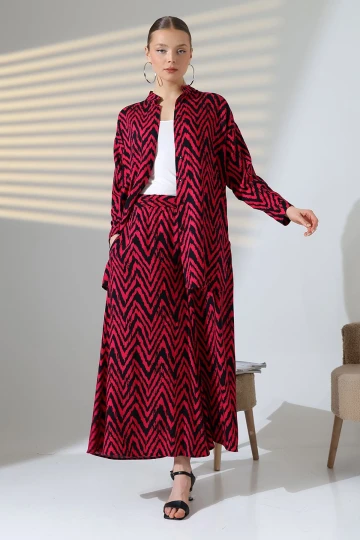 Fuşya Hakim Yaka Zigzag Desenli Gömlek Ve Pantolon Dokuma Alt Üst Takım BCVL-25V053-1