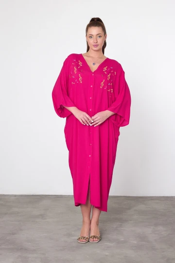 Maxi Boy Fuşya Nakış İşlemeli Dokuma Viscon Elbise BCVL-25V040