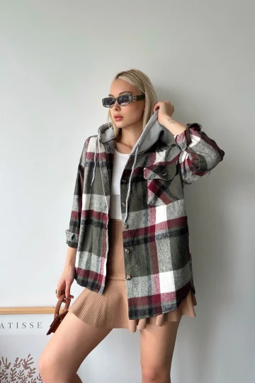Haki Kapüşonlu Ekose Desenli Oversize Kaşe Gömlek BCPK-236004