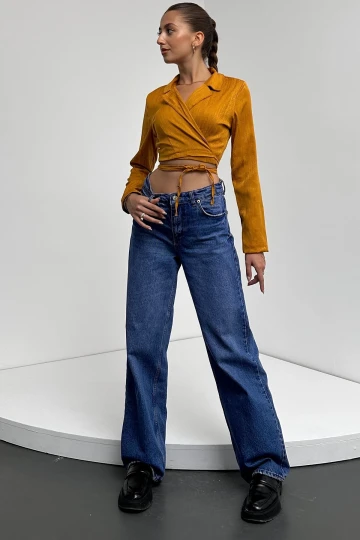 Hardal Gömlek Yaka Beli Bağlamalı Crop Bluz BCDF-242109