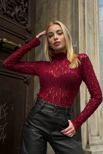 Kadın Bordo Balıkçı Yaka Dantel Bluz BCZK-25SA342
