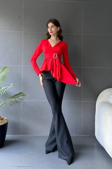 Kırmızı Asimetrik Kesim Kemer Detaylı Bluz BCDF-242118
