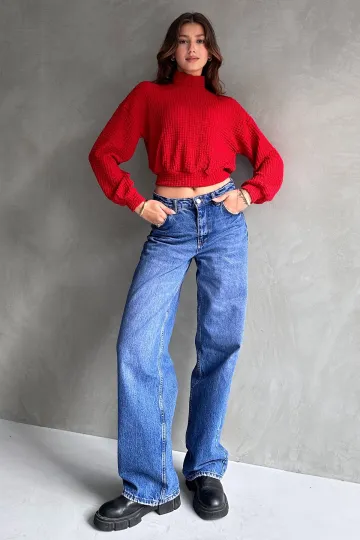 Kırmızı Balıkçı Yaka Dokulu Crop Bluz