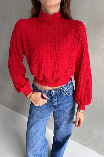 Kırmızı Balıkçı Yaka Dokulu Crop Bluz