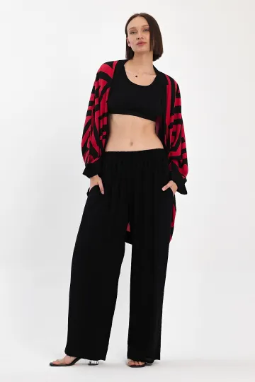 Kırmızı Baskılı Kimono Ve Pantolon Dokuma Viscon Alt Üst Takım