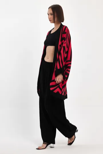 Kırmızı Baskılı Kimono Ve Pantolon Dokuma Viscon Alt Üst Takım