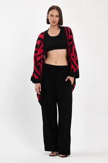 Kırmızı Baskılı Kimono Ve Pantolon Dokuma Viscon Alt Üst Takım