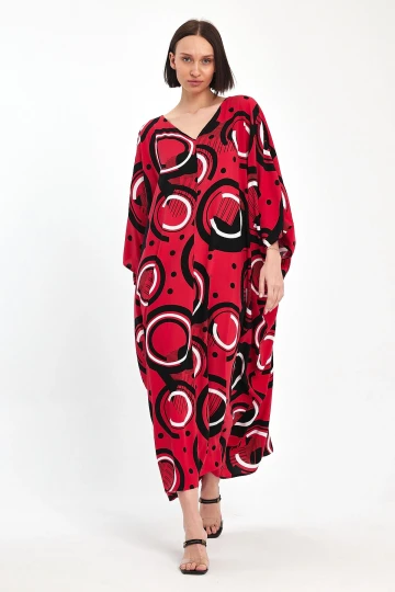 Maxi Boy Kırmızı Baskılı Dokuma Viscon Elbise BCVL-251067