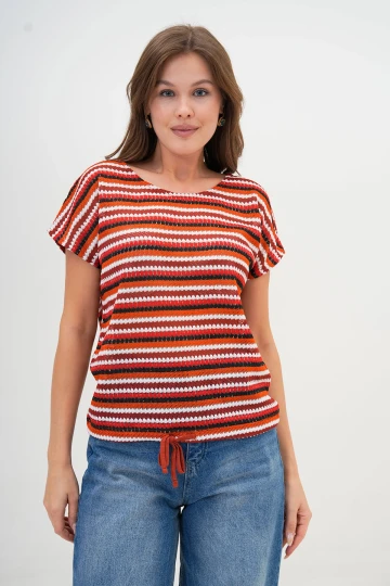 Kırmızı Desenli Çizgili Triko Bluz BC25PKN01